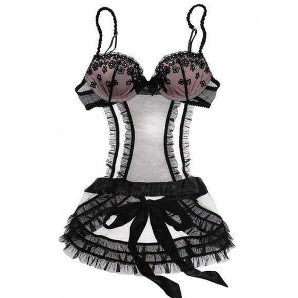 NWOT Victoria's Secret French Maid Mesh Ruffle Sequin push up Ribbon Black 36D